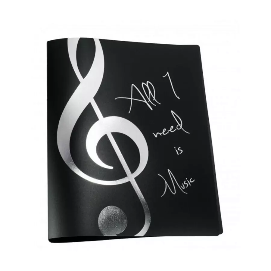 Mappa két gyűrűs, ezüst színű "All I need is Music" feliratos és violinkulcs mintás